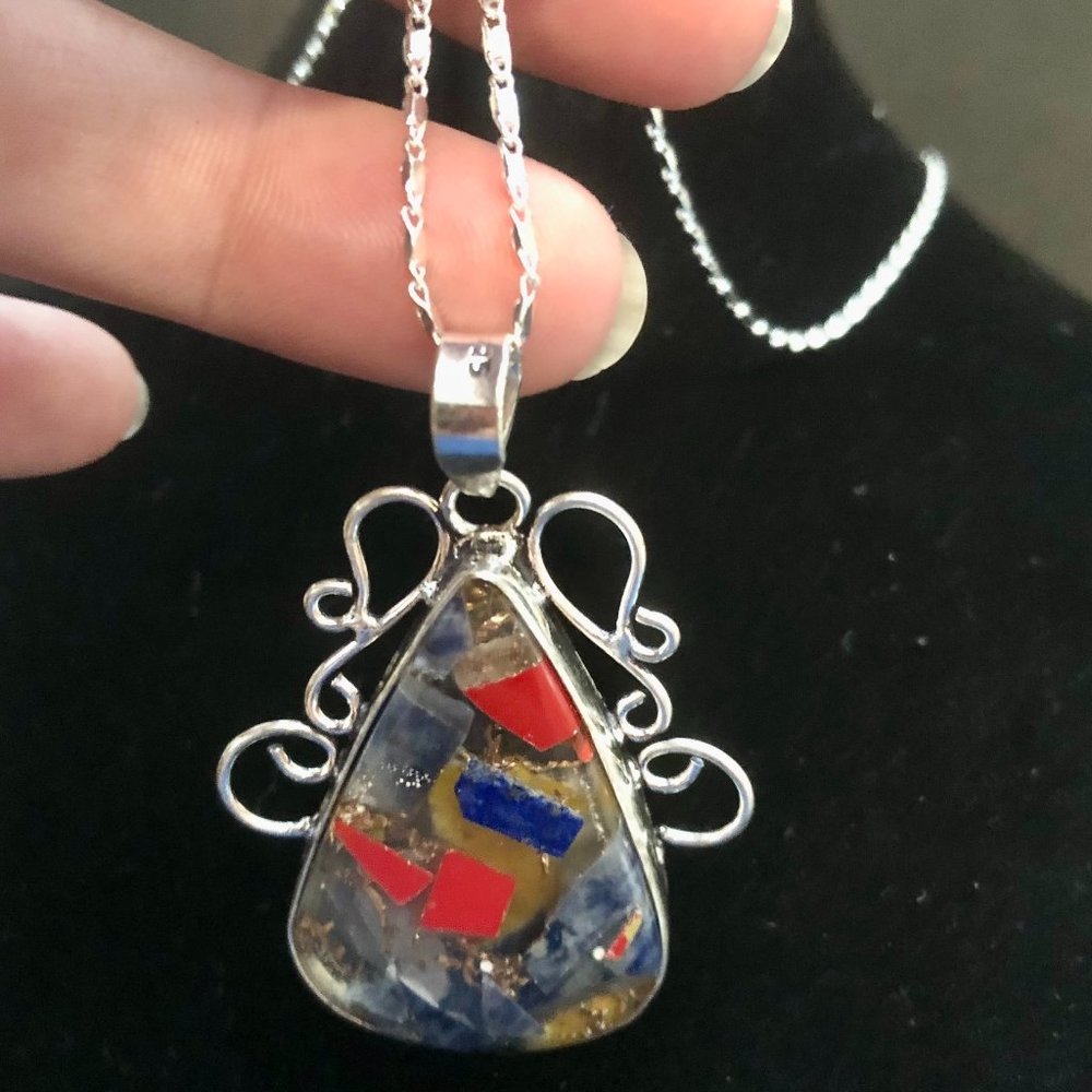 Natural Copper Sodalite & Red 925 Stamped Sterling Silver Necklace.